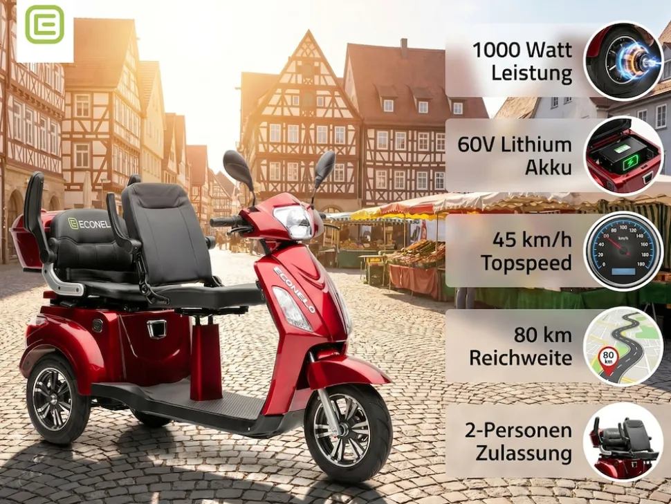 ECONELO E-Seniorenmobil Billy 2.0, Blei-Akku, 3-Rad, 60V, 1000 Watt, normal Sitz, Rot
