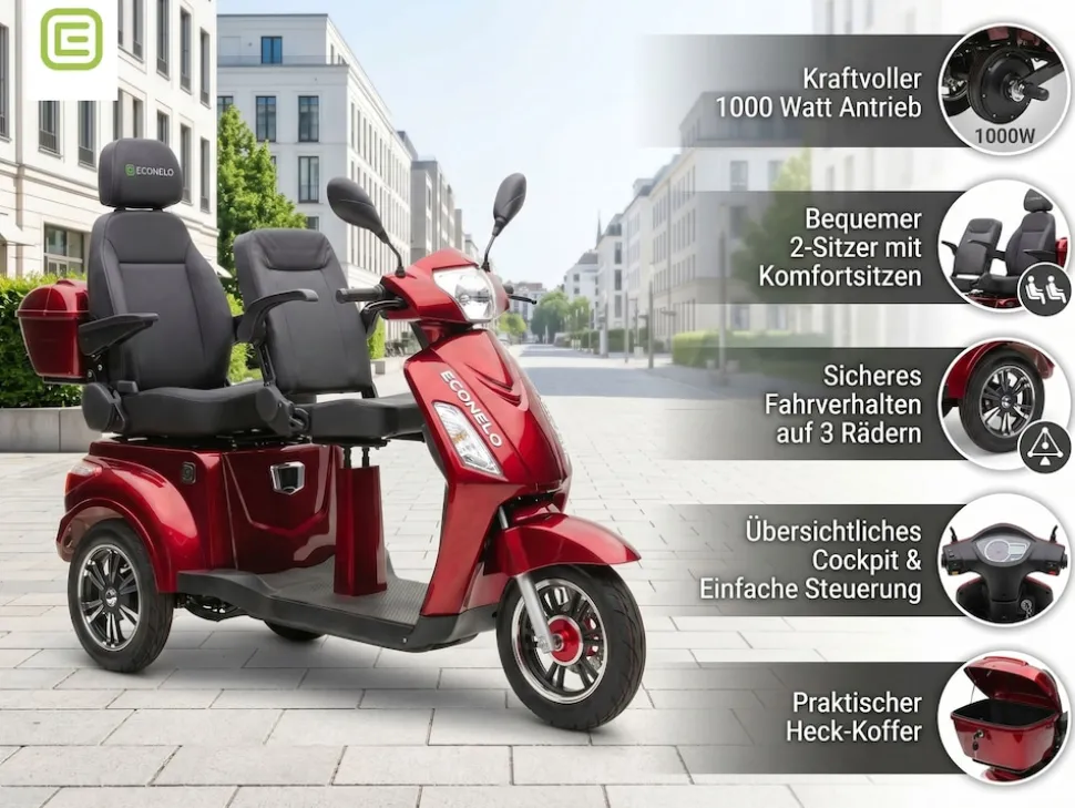 ECONELO E-Seniorenmobil Billy 2.0, Blei-Akku, 3-Rad, 60V, 1000 Watt, groß Sitz, Rot