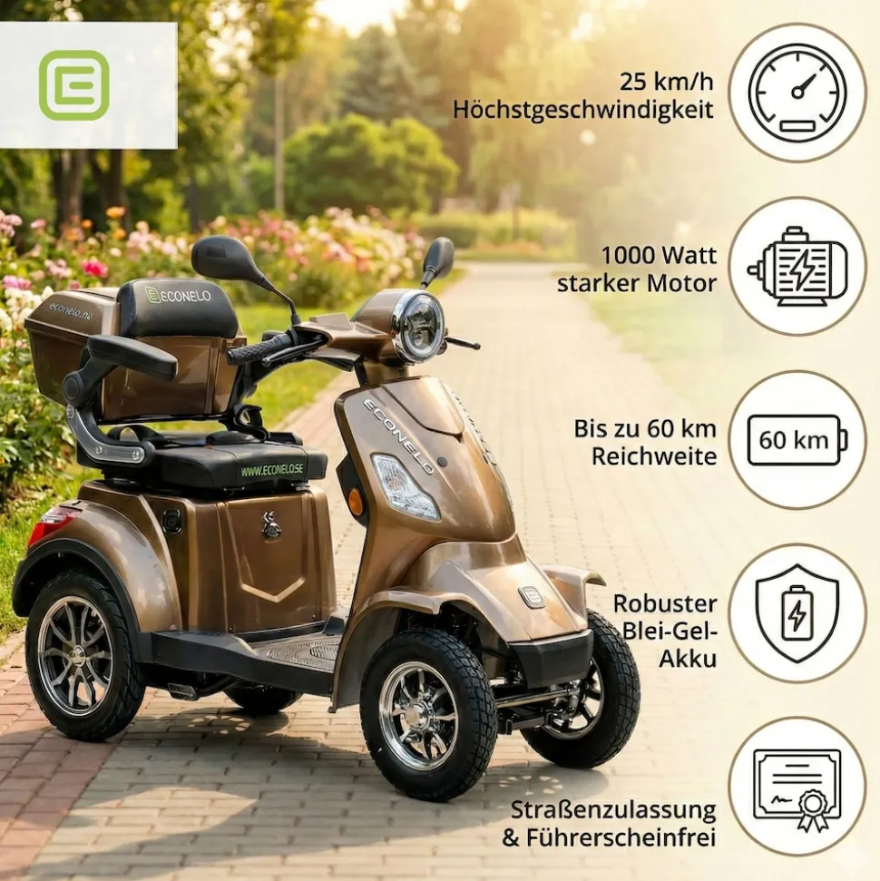 Econelo E-Seniorenmobil Voltrixx, Blei-Akku, 4-Rad, 1000 Watt, Braun