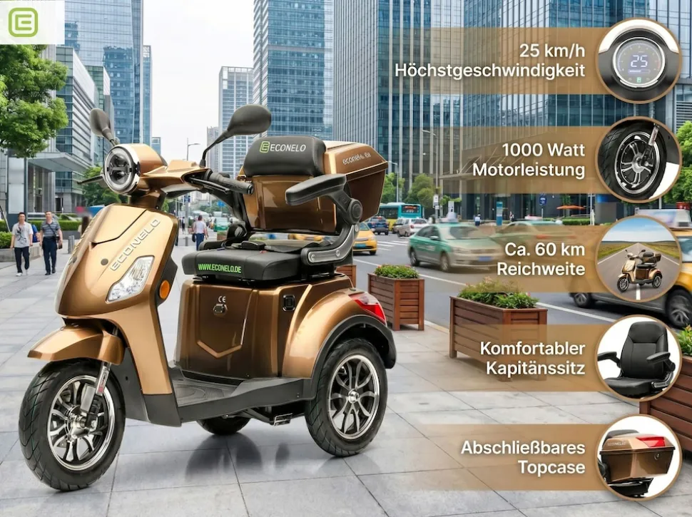 Econelo E-Seniorenmobil Yogi-IQ, Blei-Akku, 3-Rad, 1000 Watt, Braun