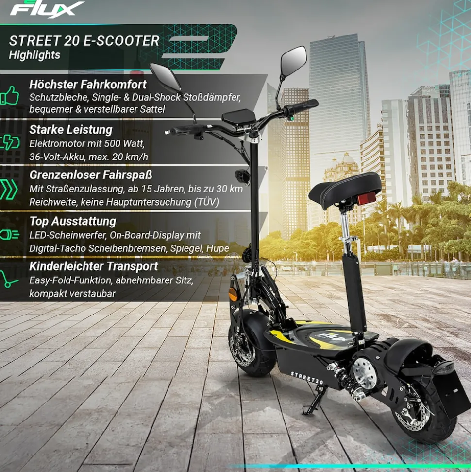 eFlux Street 20 Pro E-Scooter, Straßenzulassung, 20 km/h, 500 Watt, Elektroroller mit Sitz, klappbar