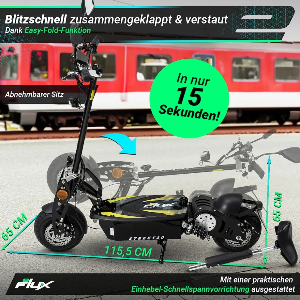 eFlux Street 20 Pro E-Scooter, Straßenzulassung, 20 km/h, 500 Watt, Elektroroller mit Sitz, klappbar