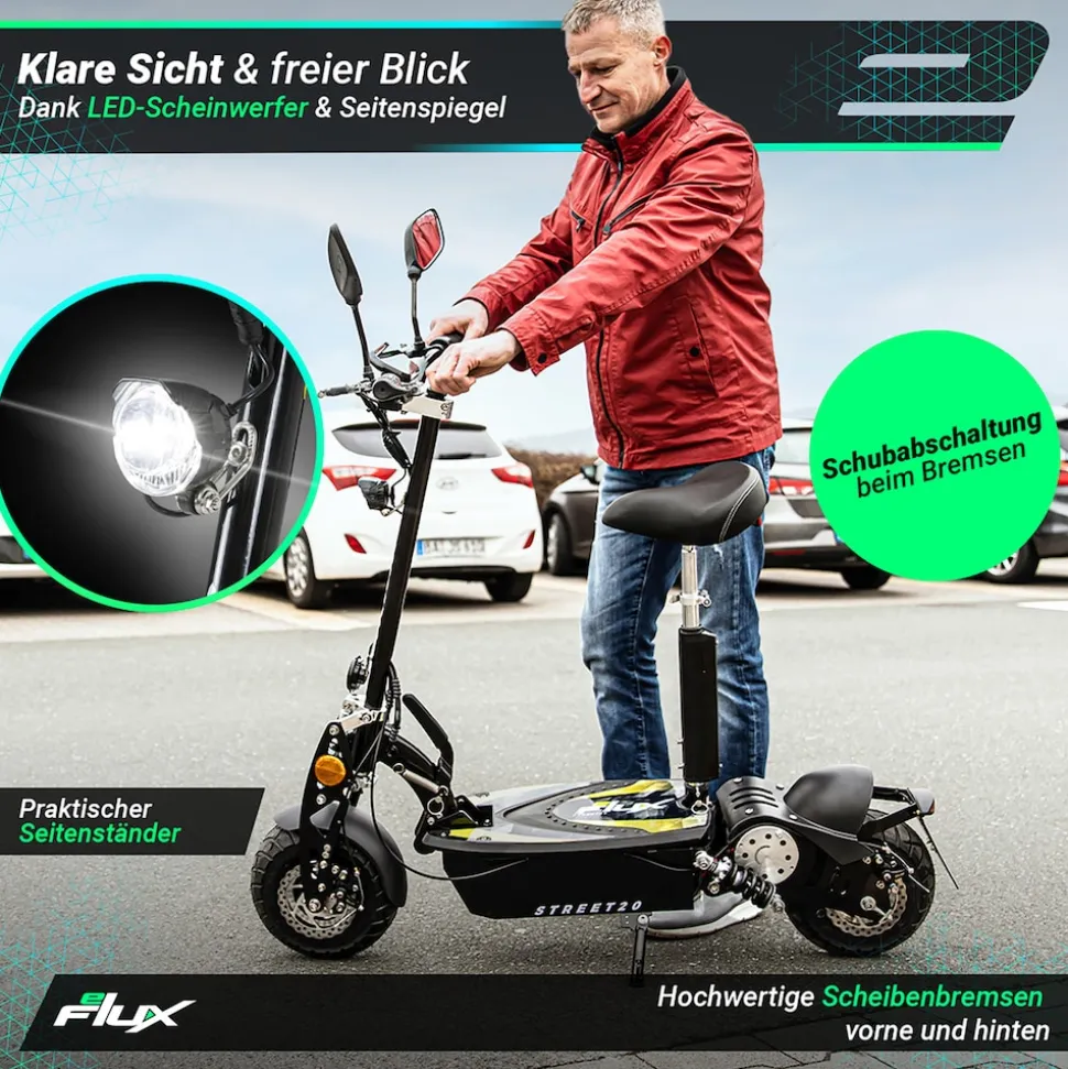 eFlux Street 20 Pro E-Scooter, Straßenzulassung, 20 km/h, 500 Watt, Elektroroller mit Sitz, klappbar