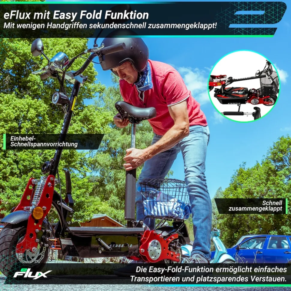 eFlux Street 40 Pro, E-Scooter, Straßenzulassung, 35 km/h, 800 Watt, mit Sitz, Gepäck-Korb, klappbar