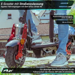 eFlux Street 40 Pro, E-Scooter, Straßenzulassung, 35 km/h, 800 Watt, mit Sitz, Gepäck-Korb, klappbar