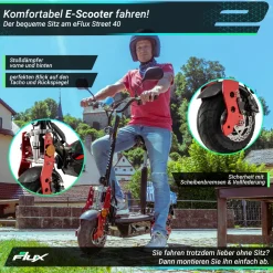eFlux Street 40 Pro, E-Scooter, Straßenzulassung, 35 km/h, 800 Watt, mit Sitz, Gepäck-Korb, klappbar