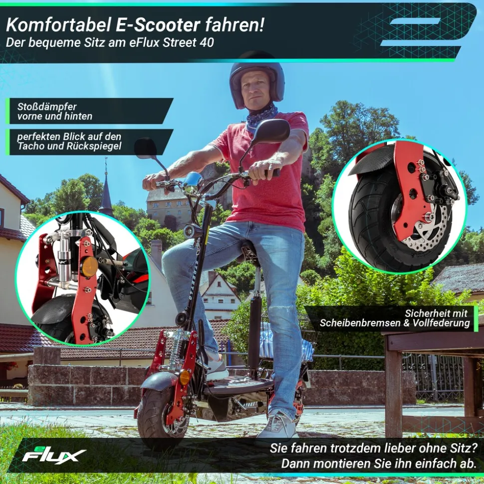 eFlux Street 40 Pro, E-Scooter, Straßenzulassung, 35 km/h, 800 Watt, mit Sitz, Gepäck-Korb, klappbar