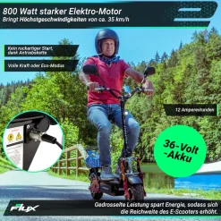 eFlux Street 40 Pro, E-Scooter, Straßenzulassung, 35 km/h, 800 Watt, mit Sitz, Gepäck-Korb, klappbar