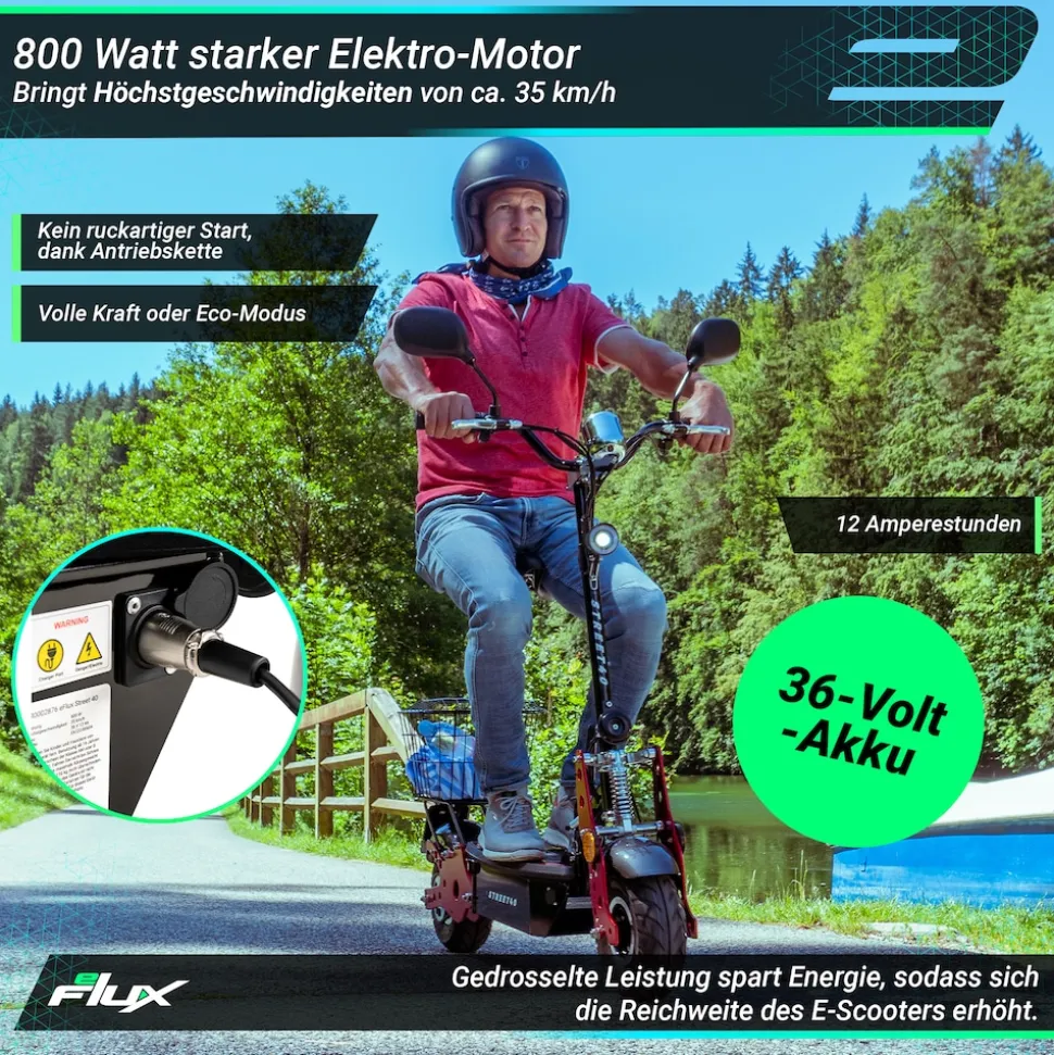 eFlux Street 40 Pro, E-Scooter, Straßenzulassung, 35 km/h, 800 Watt, mit Sitz, Gepäck-Korb, klappbar