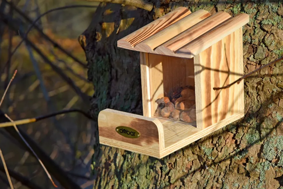 Eichhörnchen-Futterstation mit Futtersilo, Futterstelle aus Holz