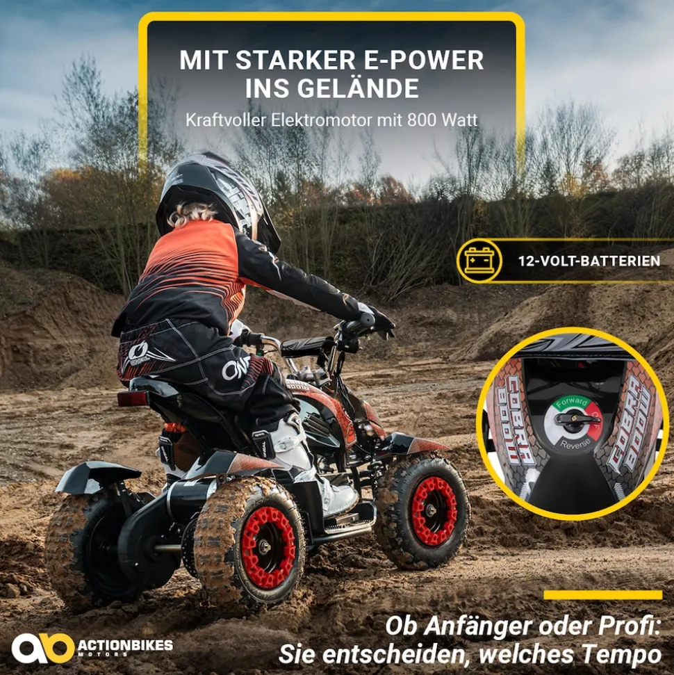 Elektro-Kinderquad Cobra, 800 Watt, bis 24 km/h, ab 8 Jahren, Federung, 3x 12V-Akku, Scheibenbremsen (Rot/Schwarz)