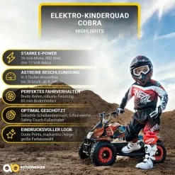 Elektro-Kinderquad Cobra, 800 Watt, bis 24 km/h, ab 8 Jahren, Federung, 3x 12V-Akku, Scheibenbremsen (Rot/Schwarz)