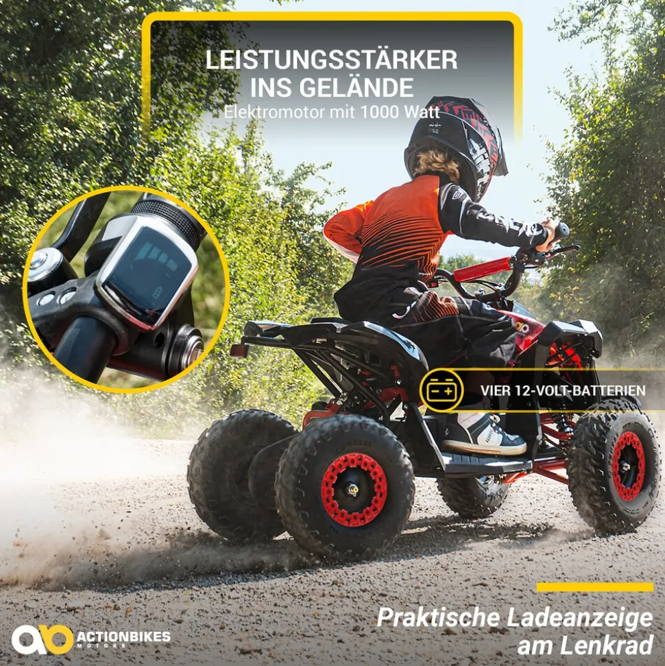 Elektro-Kinderquad Reneblade, Mini-Quad mit 1000 Watt, Federung, Scheibenbremsen, drosselbar, LEDs (Classic, Schwarz/Blau)