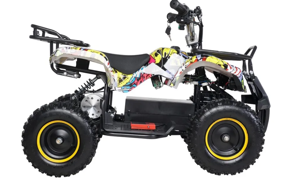 Elektro-Kinderquad Torino, 1000 Watt, Pocket-Quad mit Scheibenbremsen, 24 km/h, 3 x 12-Volt-Batterie (Gelb Graffiti)