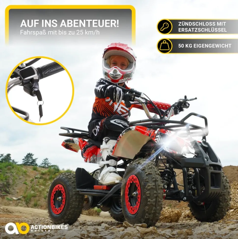 Elektro-Kinderquad Torino, 1000 Watt, Pocket-Quad mit Scheibenbremsen, 24 km/h, 3 x 12-Volt-Batterie (Gelb Graffiti)