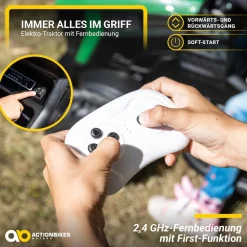 Elektro-Kindertraktor mit Anhänger, Staufach, Schaufel, Fernbedienung, 90 W, Bremsautomatik, TD925 (Grün/Schwarz)