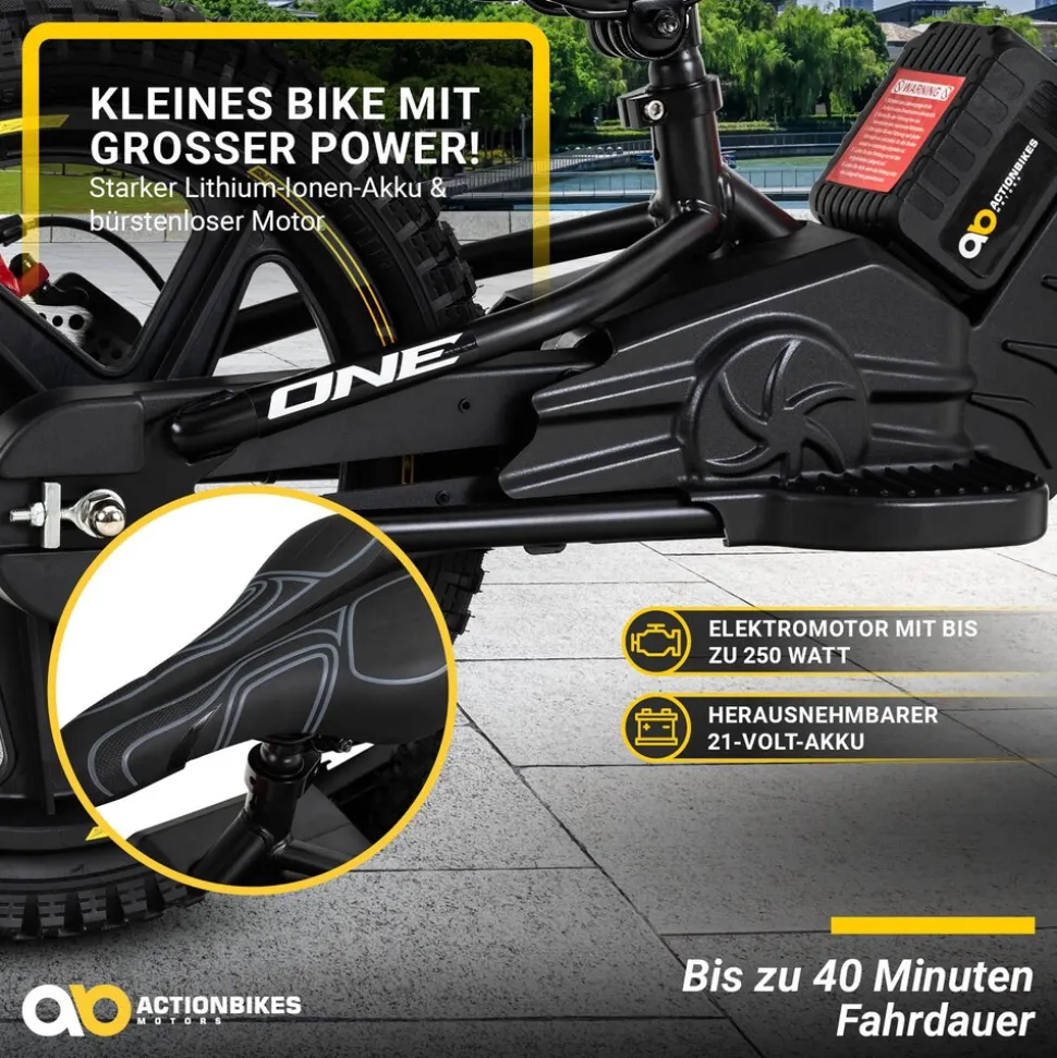 Elektro-Laufrad, 16 Zoll, Kinder-Balance-Bike m. 250 Watt, Scheibenbremsen, 3 Geschwindigkeitsstufen (Gelb)