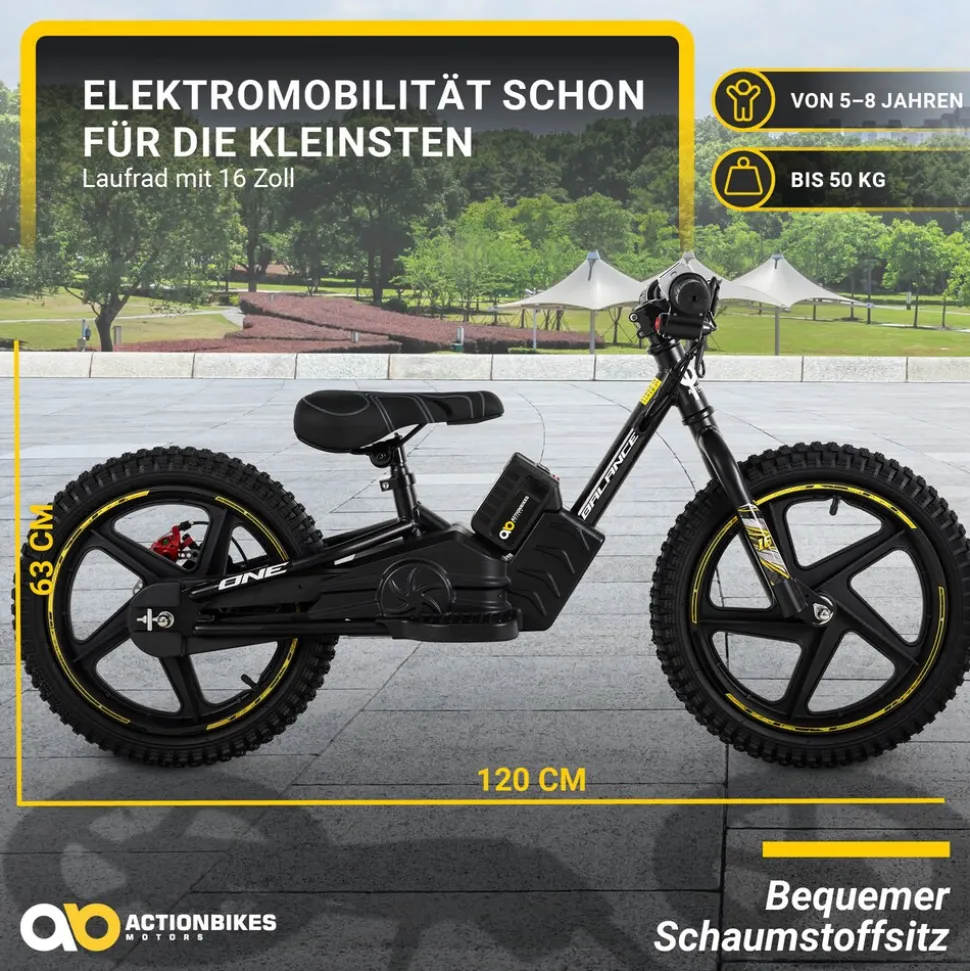 Elektro-Laufrad, 16 Zoll, Kinder-Balance-Bike m. 250 Watt, Scheibenbremsen, 3 Geschwindigkeitsstufen (Gelb)