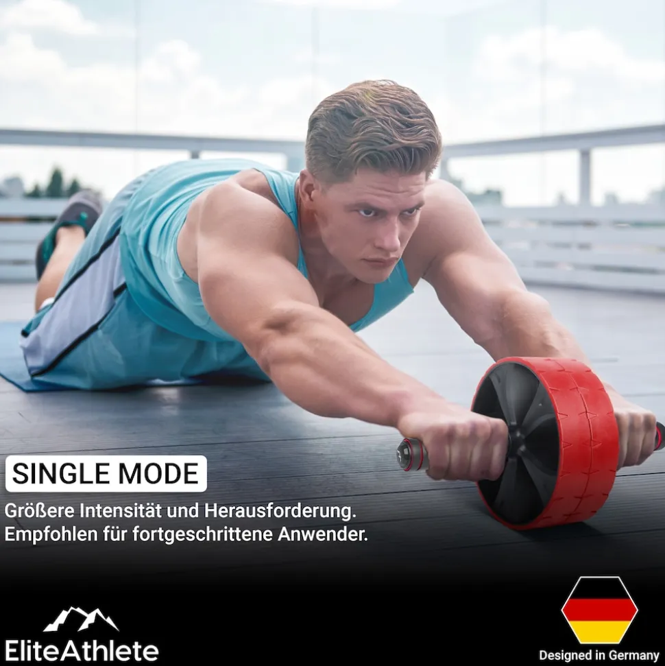 EliteAthlete® Bauchroller Bauchmuskeltrainer - Bauchtrainer für Zuhause - Bauch Weg Abdominal Trainer - AB Wheel Roller inkl. gepolsterter Kniematte - Rot