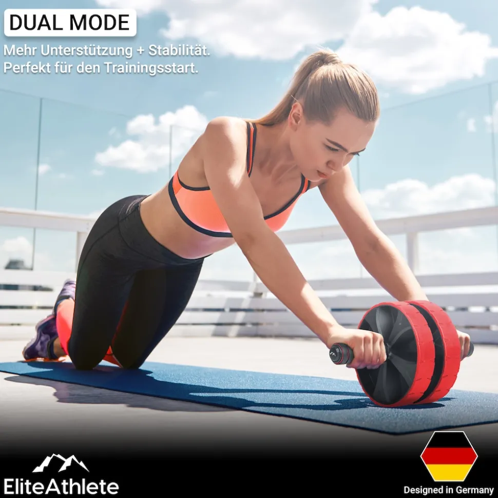 EliteAthlete® Bauchroller Bauchmuskeltrainer - Bauchtrainer für Zuhause - Bauch Weg Abdominal Trainer - AB Wheel Roller inkl. gepolsterter Kniematte - Rot