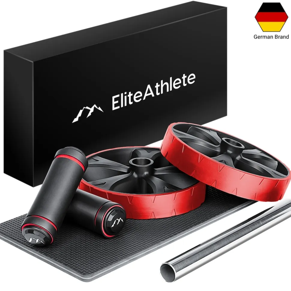EliteAthlete® Bauchroller Bauchmuskeltrainer - Bauchtrainer für Zuhause - Bauch Weg Abdominal Trainer - AB Wheel Roller inkl. gepolsterter Kniematte - Rot