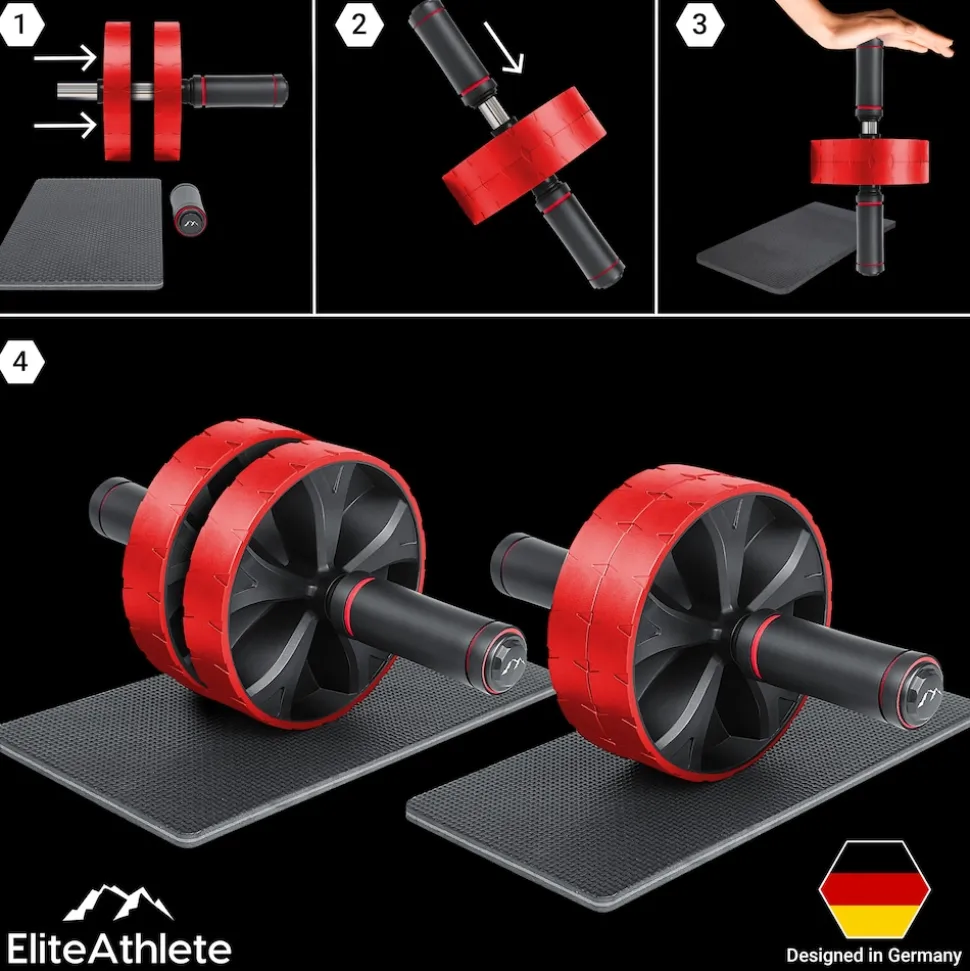EliteAthlete® Bauchroller Bauchmuskeltrainer - Bauchtrainer für Zuhause - Bauch Weg Abdominal Trainer - AB Wheel Roller inkl. gepolsterter Kniematte - Rot