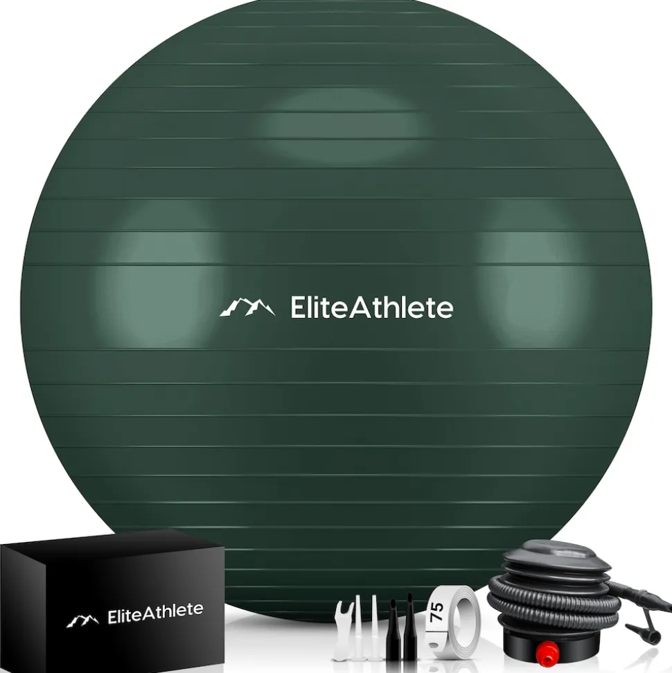 EliteAthlete® Gymnastikball Sitzball Büro ergonomisch mit Anti Burst System - Fitness Yoga Pilates Schwangerschaft - Schwangerschaftsball Fitnessball Yogaball - Yoga Ball inkl. Luftpumpe - Forest 55cm