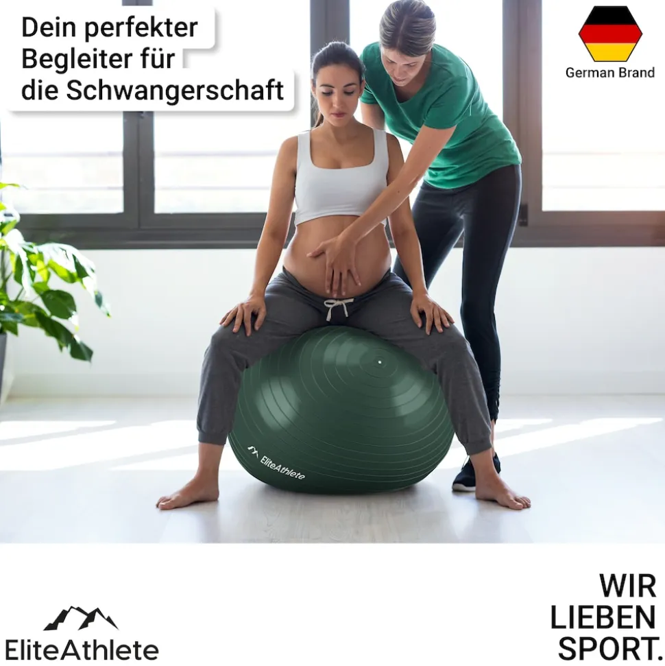 EliteAthlete® Gymnastikball Sitzball Büro ergonomisch mit Anti Burst System - Fitness Yoga Pilates Schwangerschaft - Schwangerschaftsball Fitnessball Yogaball - Yoga Ball inkl. Luftpumpe - Forest 55cm