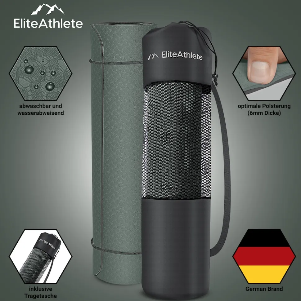EliteAthlete® Yogamatte - Sportmatte - Fitnessmatte - Gymnastikmatte gepolstert & rutschfest für Fitness, Pilates - Yoga Matte - 183 cm x 61 cm x 0.6 cm - Trainingsmatte inkl. Transportgurt + Tasche - Deep Forest