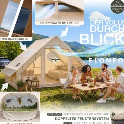 ELONEO aufblasbares Zelt für 2-4 Personen mit Dachfenster Luftpumpe Premium Glamping Zelt wasserdicht, Luftzelt, Inflatable Tent, Camping Zelt, beige