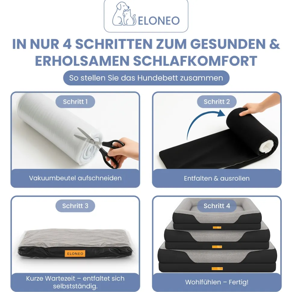 ELONEO Orthopädisches Hundebett, Schwarz - Größe S