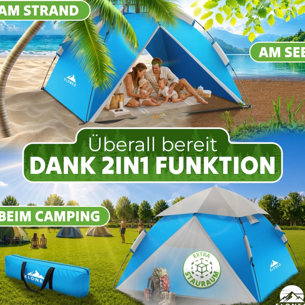 ELONEO Wurfzelt, 2-4 Personen Pop Up Zelt wasserdichtes Campingzelt schnellaufbau Zelt, Blau/Grau