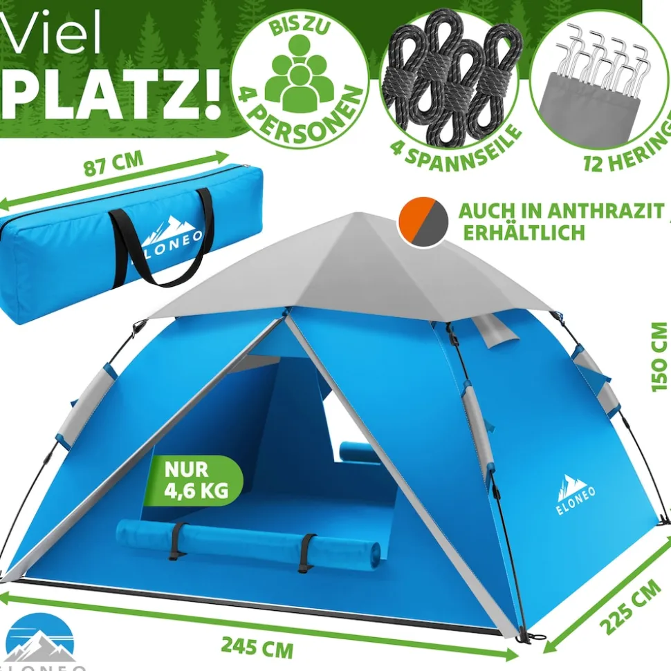 ELONEO Wurfzelt, 2-4 Personen Pop Up Zelt wasserdichtes Campingzelt schnellaufbau Zelt, Blau/Grau