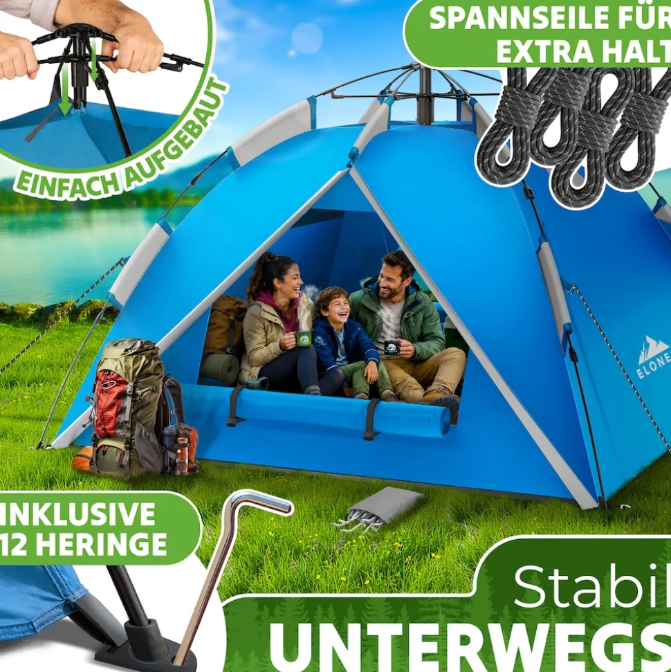 ELONEO Wurfzelt, 2-4 Personen Pop Up Zelt wasserdichtes Campingzelt schnellaufbau Zelt, Blau/Grau