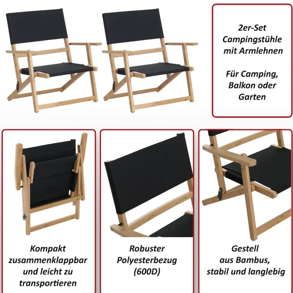 2er-Set Bambus Campingstuhl MCW-Q42, Gartenstuhl Balkonstuhl Freizeitstuhl klappbar Outdoor Stoff/Textil ~ schwarz