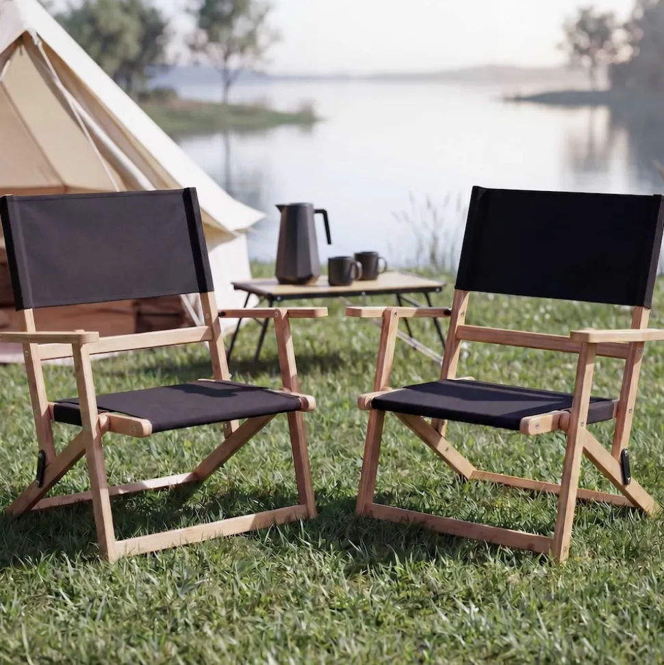 2er-Set Bambus Campingstuhl MCW-Q42, Gartenstuhl Balkonstuhl Freizeitstuhl klappbar Outdoor Stoff/Textil ~ schwarz