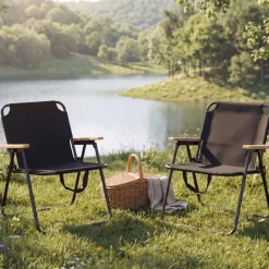 2er-Set Campingstuhl MCW-Q43, Gartenstuhl Balkonstuhl Freizeitstuhl, klappbar Bambus Metall Stoff/Textil ~ schwarz