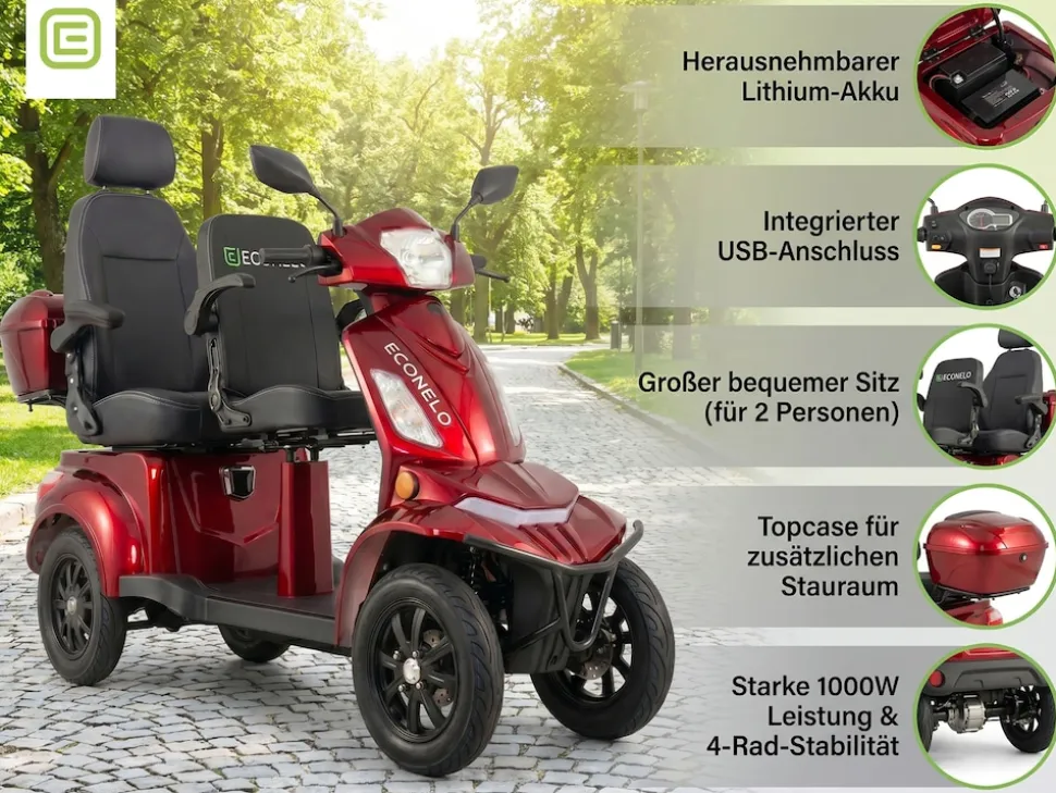 E-Seniorenmobil Vista Quarter-1L, Blei-Akku, 4-Rad, 60V, 1000 Watt, Komfort-Sitz, Rot