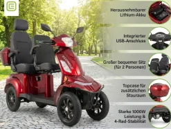 E-Seniorenmobil Vista Quarter-1L, Lithium-Akku, 4-Rad, 60V, 1000 Watt, Komfort-Sitz, Rot