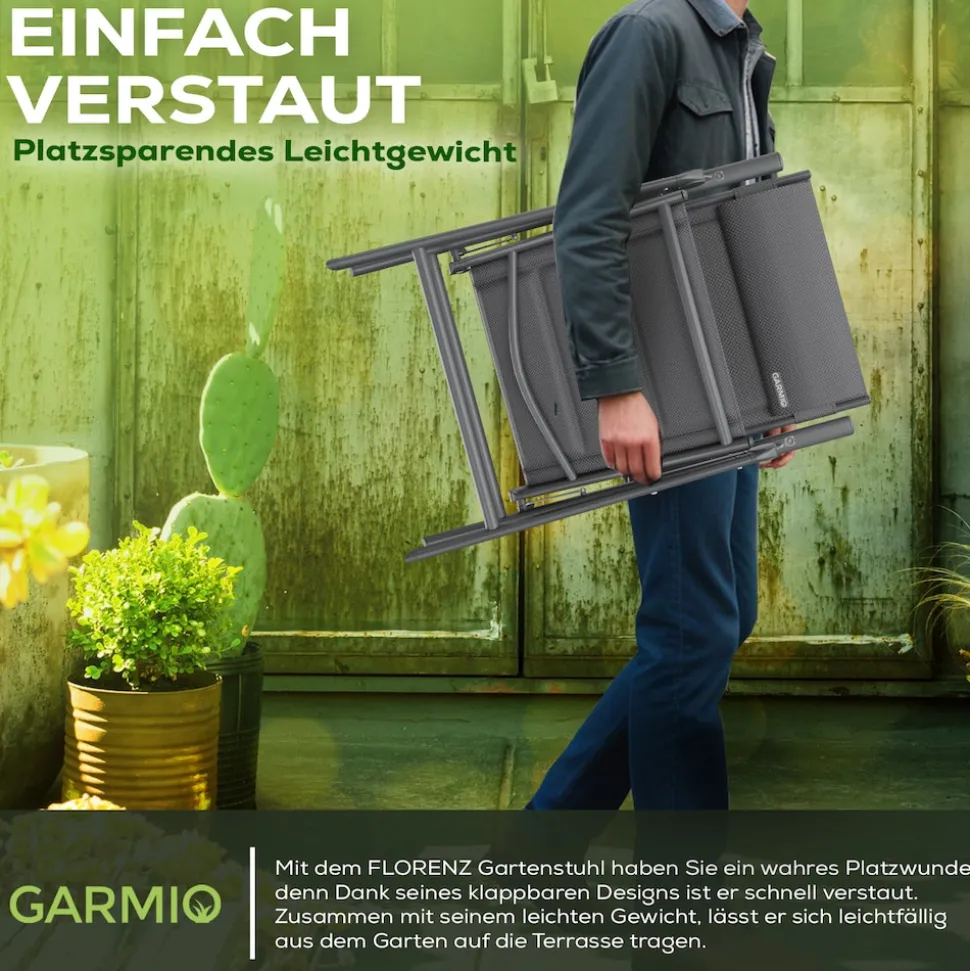 GARMIO® Gartenstuhl Balkonstuhl FLORENZ anthrazit, 7-fach verstellbar, klappbar, inkl. Nackenkissen, für Terrasse