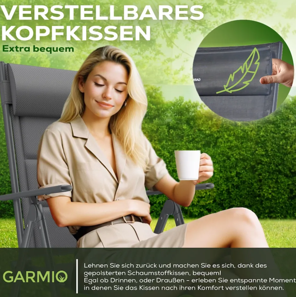 GARMIO® Gartenstuhl Balkonstuhl FLORENZ anthrazit, 7-fach verstellbar, klappbar, inkl. Nackenkissen, für Terrasse