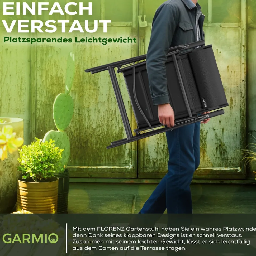 GARMIO® Gartenstuhl Balkonstuhl FLORENZ schwarz, 7-fach verstellbar, klappbar, inkl. Nackenkissen, für Terrasse