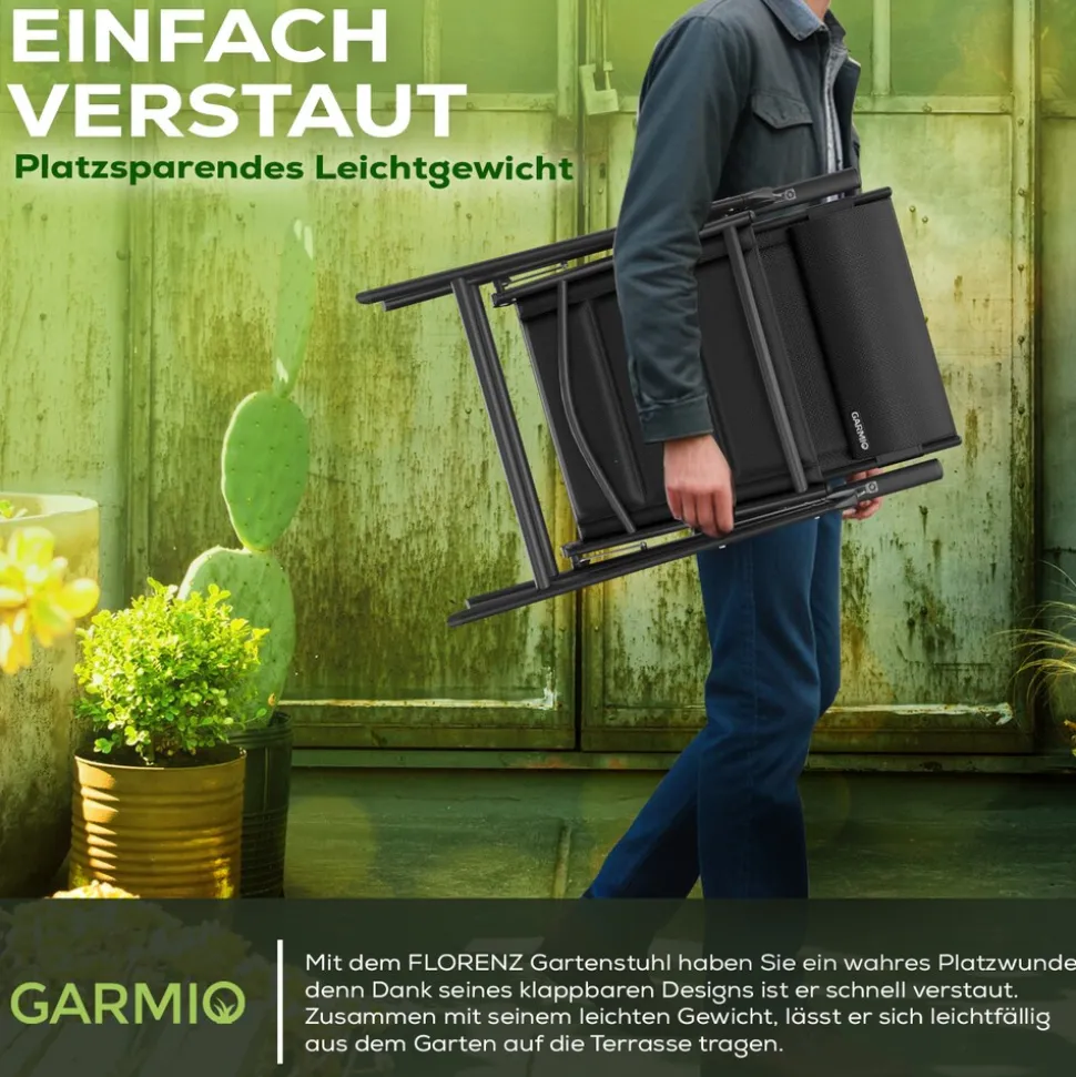 GARMIO® Gartenstuhl Balkonstuhl FLORENZ schwarz, 7-fach verstellbar, klappbar, inkl. Nackenkissen, für Terrasse