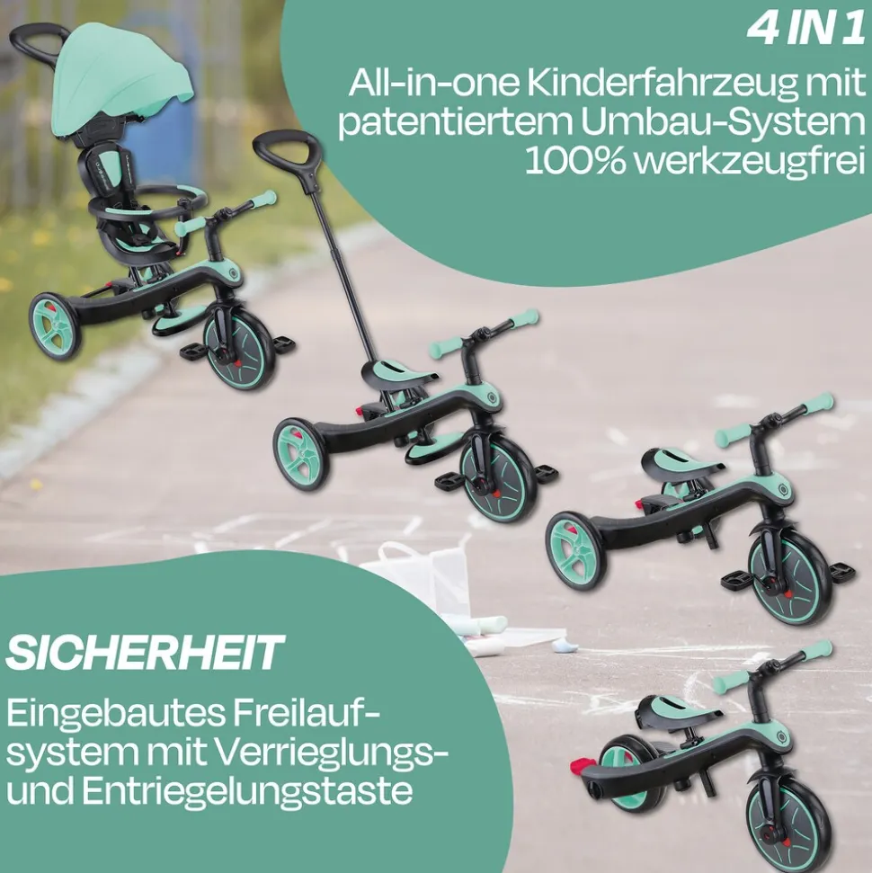 GLOBBER EXPLORER TRIKE 4in1 – Kinderwagen, Dreirad und Laufrad, 10/8,5 Zoll, TPR-Sitz, höhenverstellbar, mint