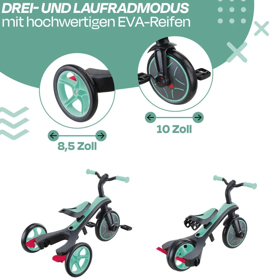 GLOBBER EXPLORER TRIKE 4in1 – Kinderwagen, Dreirad und Laufrad, 10/8,5 Zoll, TPR-Sitz, höhenverstellbar, mint