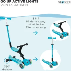 GLOBBER GO-UP ACTIVE LIGHTS 360 – 3 in 1 Aufsitzrad, Laufrad und Scooter, 120/80 mm, 3-rädrig, höhenverstellbar, blau