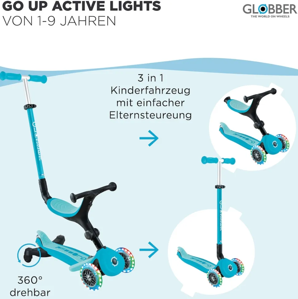 GLOBBER GO-UP ACTIVE LIGHTS 360 – 3 in 1 Aufsitzrad, Laufrad und Scooter, 120/80 mm, 3-rädrig, höhenverstellbar, blau