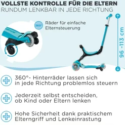 GLOBBER GO-UP ACTIVE LIGHTS 360 – 3 in 1 Aufsitzrad, Laufrad und Scooter, 120/80 mm, 3-rädrig, höhenverstellbar, blau