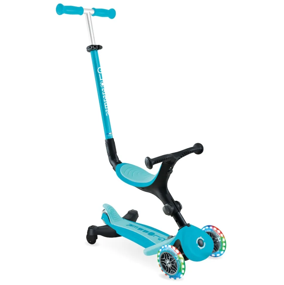 GLOBBER GO-UP ACTIVE LIGHTS 360 – 3 in 1 Aufsitzrad, Laufrad und Scooter, 120/80 mm, 3-rädrig, höhenverstellbar, blau