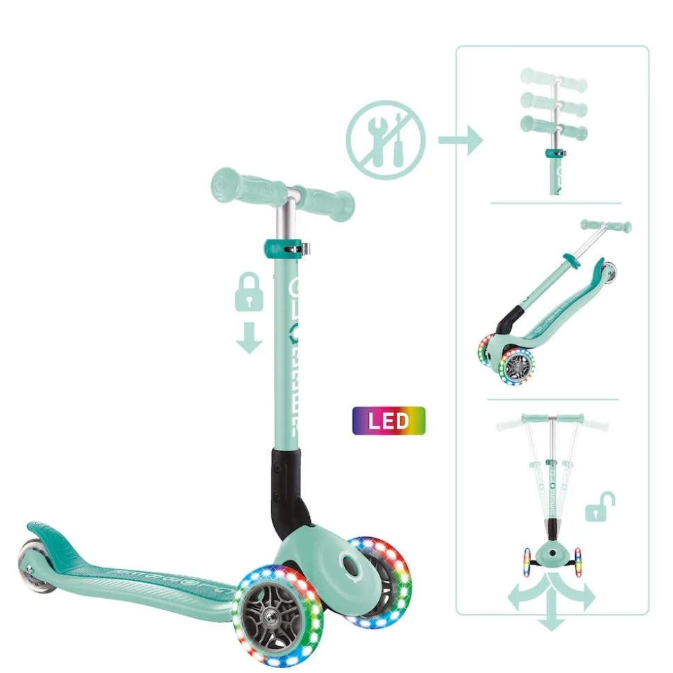 GLOBBER JUNIOR FOLDABLE LIGHTS – Tretroller, 120/80 mm, ABEC 9, 3-rädrig, LED-Leuchtrollen, mint
